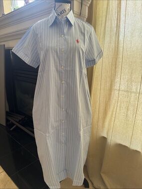 Ralph Lauren Light Blue and White Pinstripe Shirt Dress with Red Polo Logo